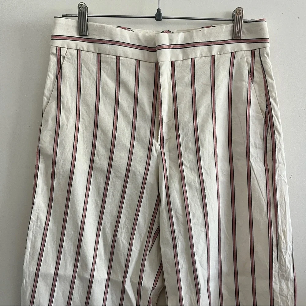Banana Republic Cream High Rise Striped Wide Leg Linen Blend Cropped Pants